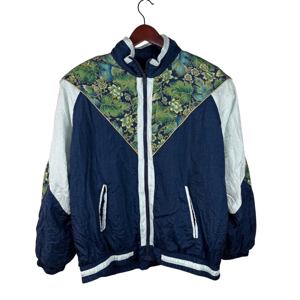 Vintage Bold Spirit Windbreaker Jacket Womens‎ Petite L Navy Blue Floral 90s
